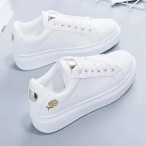 Holterdesigns Women Casual Fashion Rose Embroidery Thick-Soled Comfortable PU Leather White Sneakers