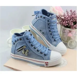 Holterdesigns Women Casual Spring Zipper Decor Lace-Up High Top Denim Canvas Sneakers