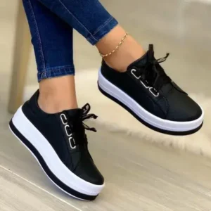 Holterdesigns Women Casual Round Toe Lace-Up Block Color Platform Shoes PU Sneakers