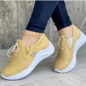 Holterdesigns Women Casual Round Toe Low Cut Lace-Up PU Side Zipper Design Solid Color Sneakers